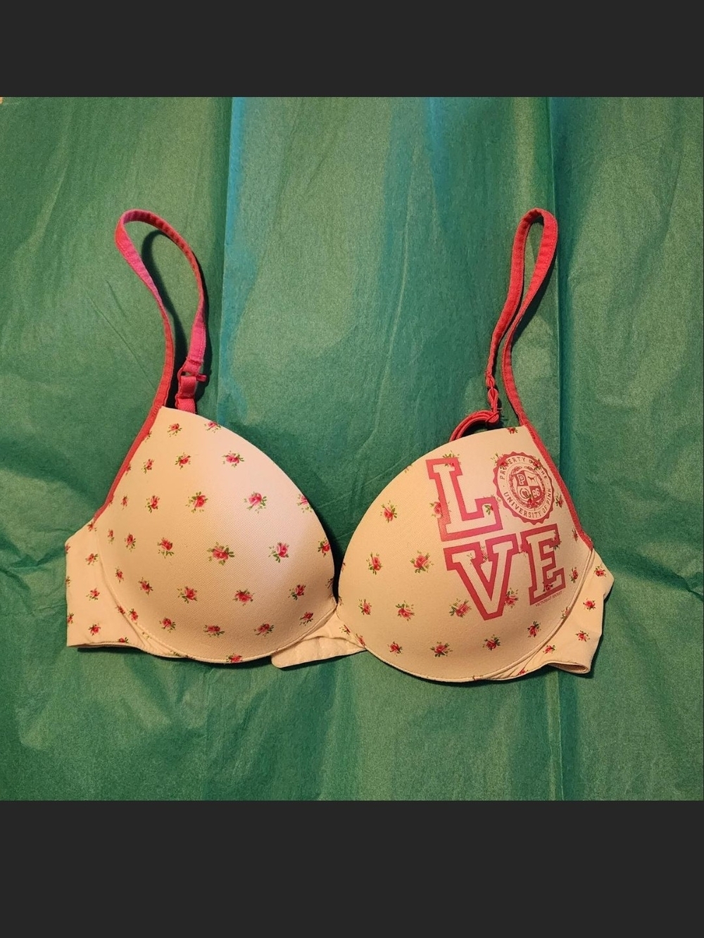 Victoria's Secret Cream and Pink Floral 'LOVE' Push-Up Bra